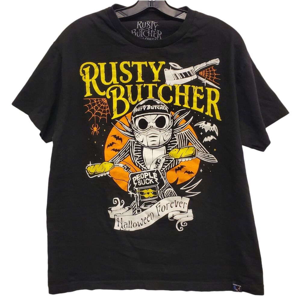 RUSTY BUTCHER Shirt Adult Large Black PEOPLE SUCK Spell Out Halloween Biker